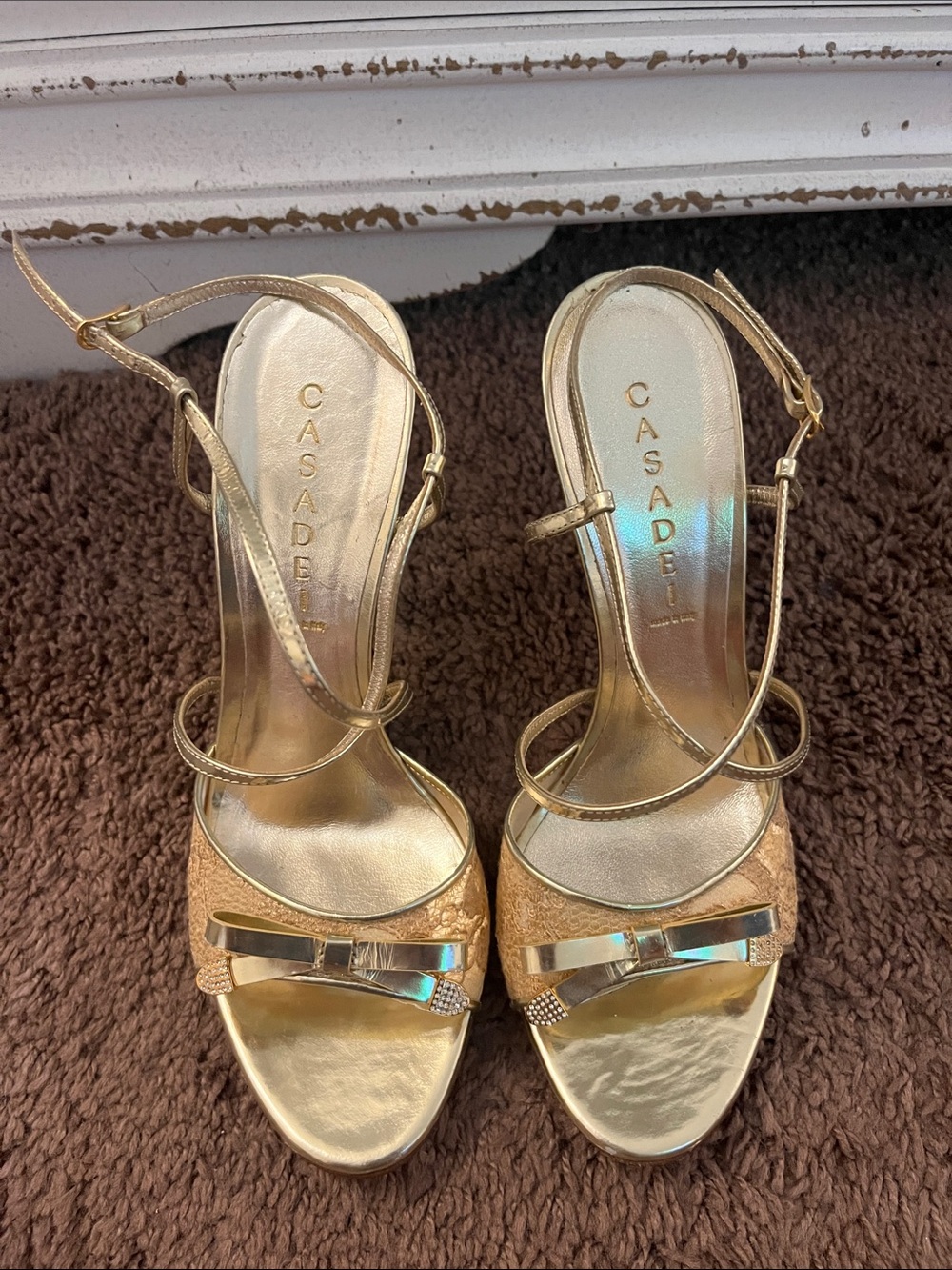 Casadei Metallic Gold Bow Strap High Heels